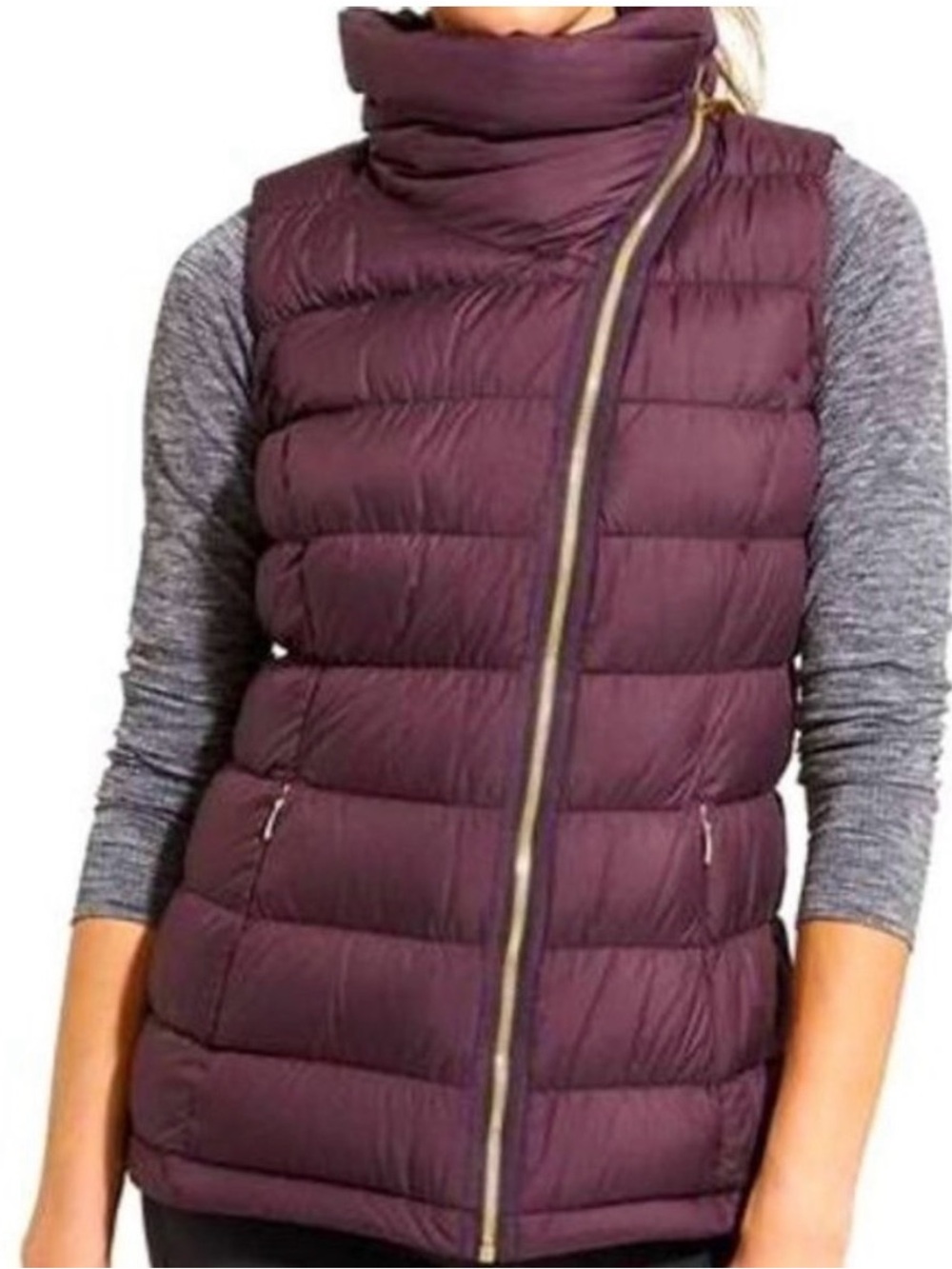 Athleta Quilted Asymmetric Zip Puffer Vest - Plum